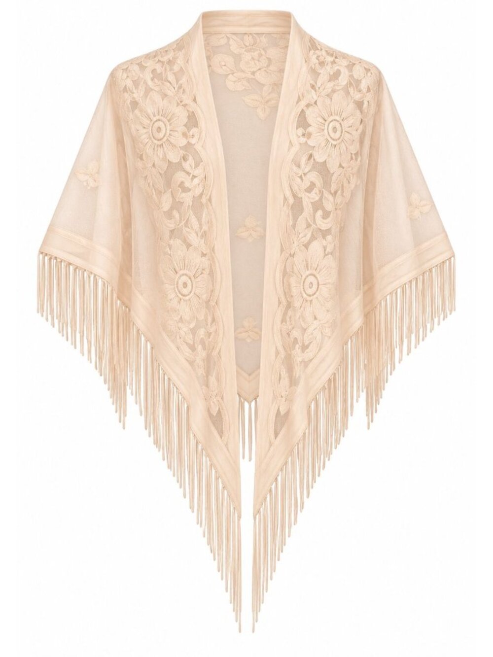 Ecru Floral Lace Triangle Shawl Fringe Sheer Evening Wedding Formal Wrap